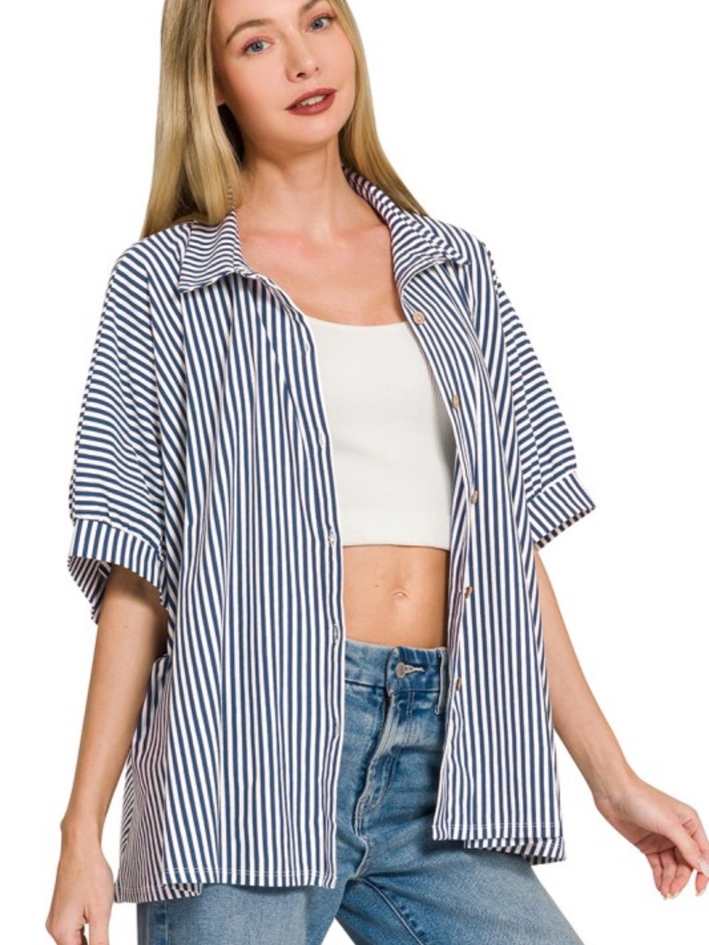 Zenana Blue & White Striped oversized Button-Front Shirt